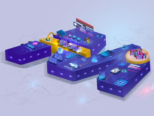 Isometric illustration of an industrial automation cell with robot arms, a conveyor, and control electronics